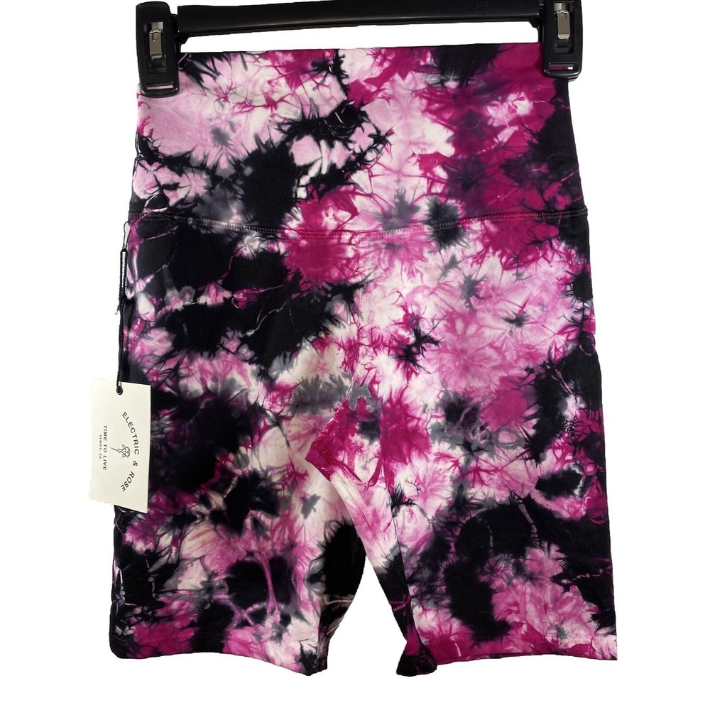 Electric & Rose Womens Bike Shorts Activewear Tie Dye Stretch Pink Black Sz S